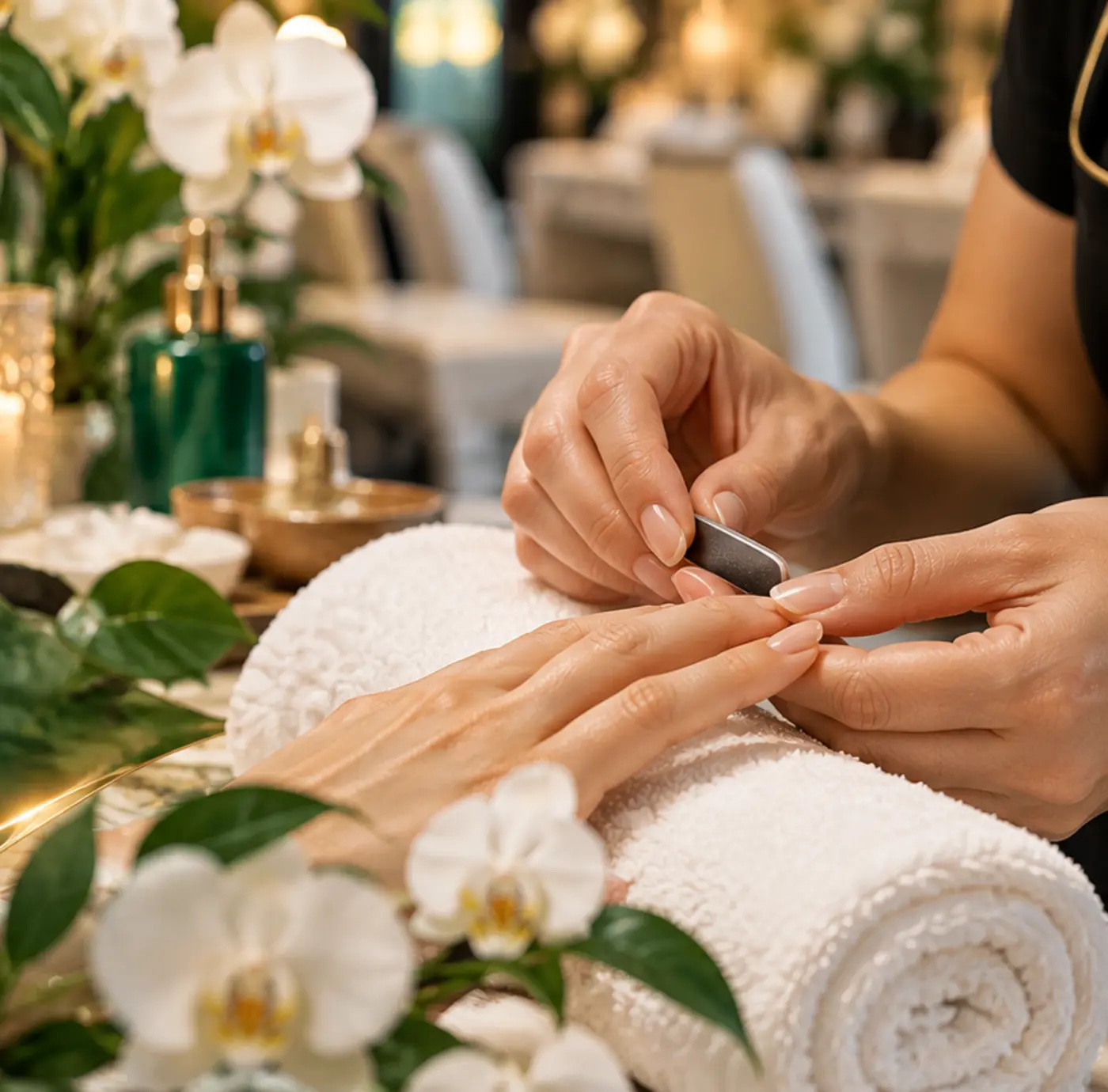 Manicure beside white orchids and candlelight